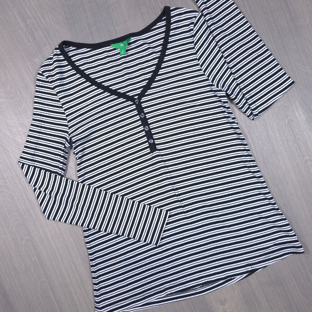 Dip Womens Henley Top Size Medium Black White Striped Long Sleeve V-Neck Casual